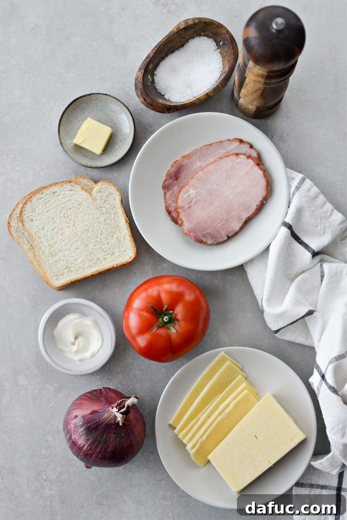 Irish Toast Delight 4 Ingredients for Irish Toasted Special laid out: ham, bread, butter, mayo, tomato, onion, cheddar