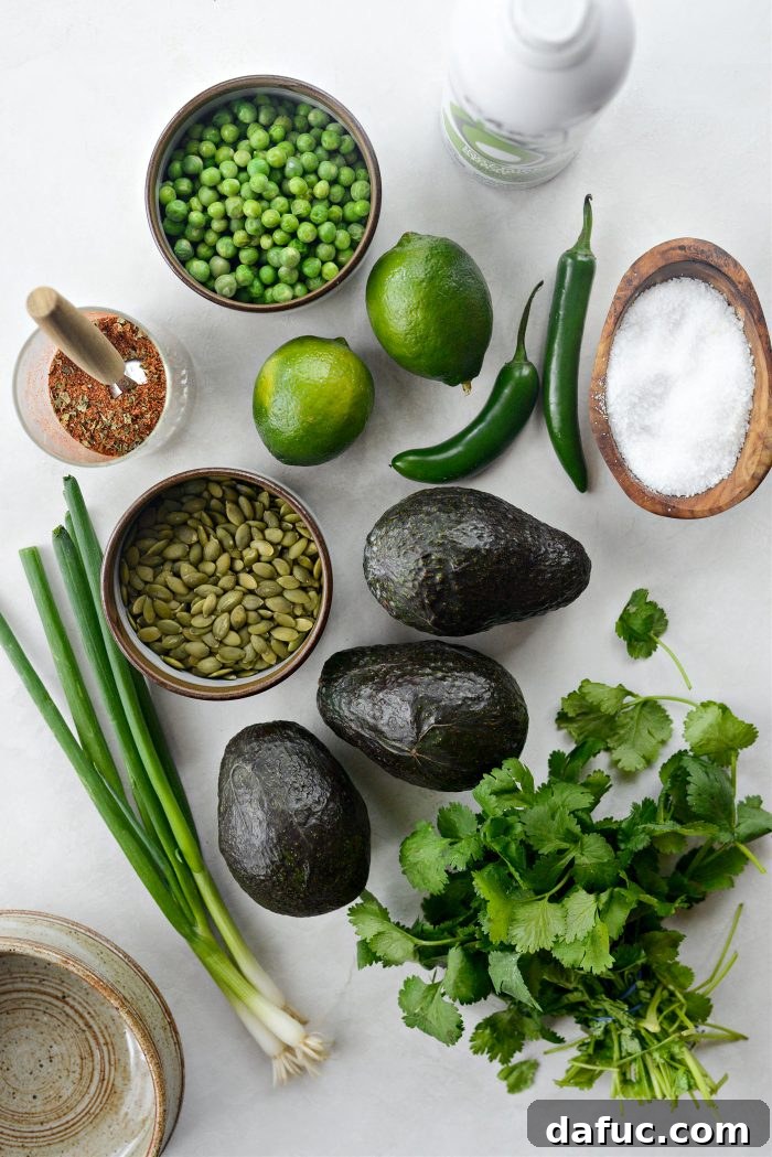 Vibrant Serrano Sweet Pea Guacamole 4 Ingredients for Serrano Sweet Pea Guacamole including avocados, peas, serrano peppers, cilantro, and green onions