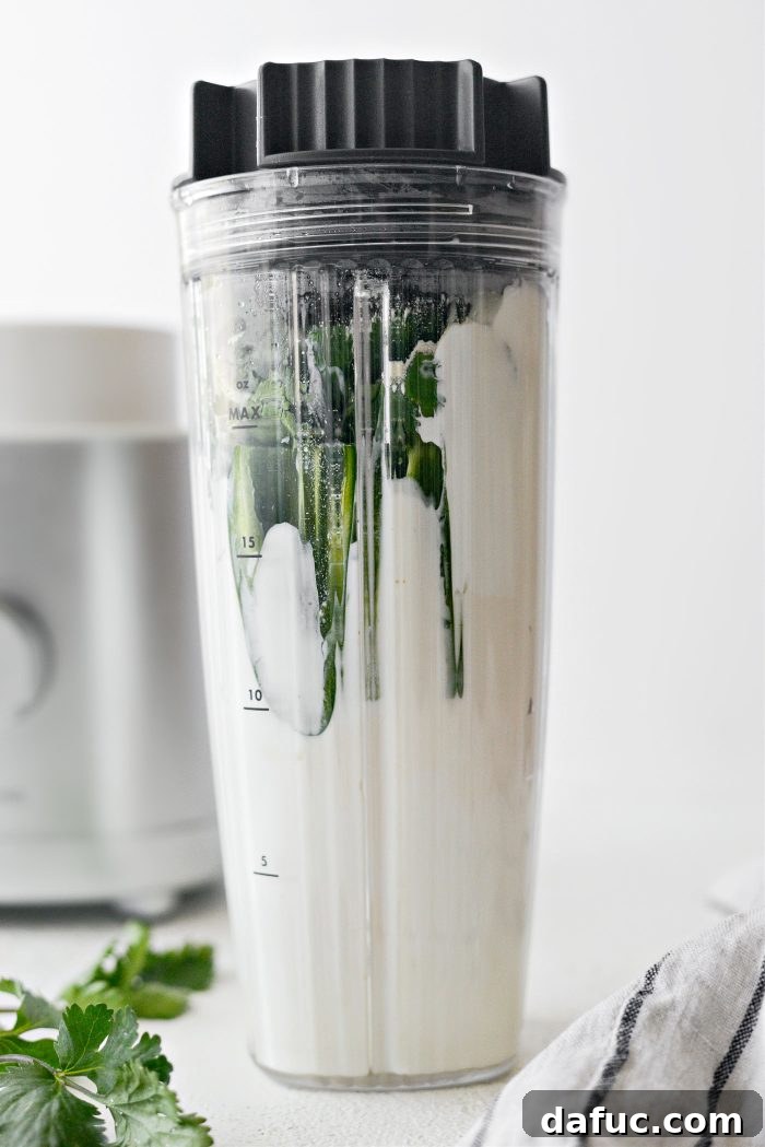 Bright Cilantro Ranch 5 All Cilantro Ranch Dressing ingredients are added into a blender jar, ready to be processed.