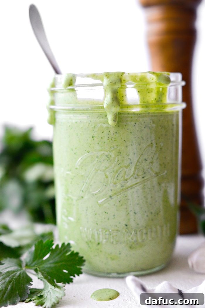 Bright Cilantro Ranch 10 Cilantro Ranch Dressing drizzled generously over a colorful steak burrito bowl, highlighting its vibrant green color.