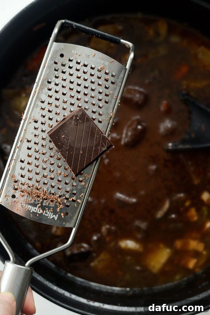 Hunter's Hearty Venison Pot 23 after bubbling subsides, grate in dark chocolate