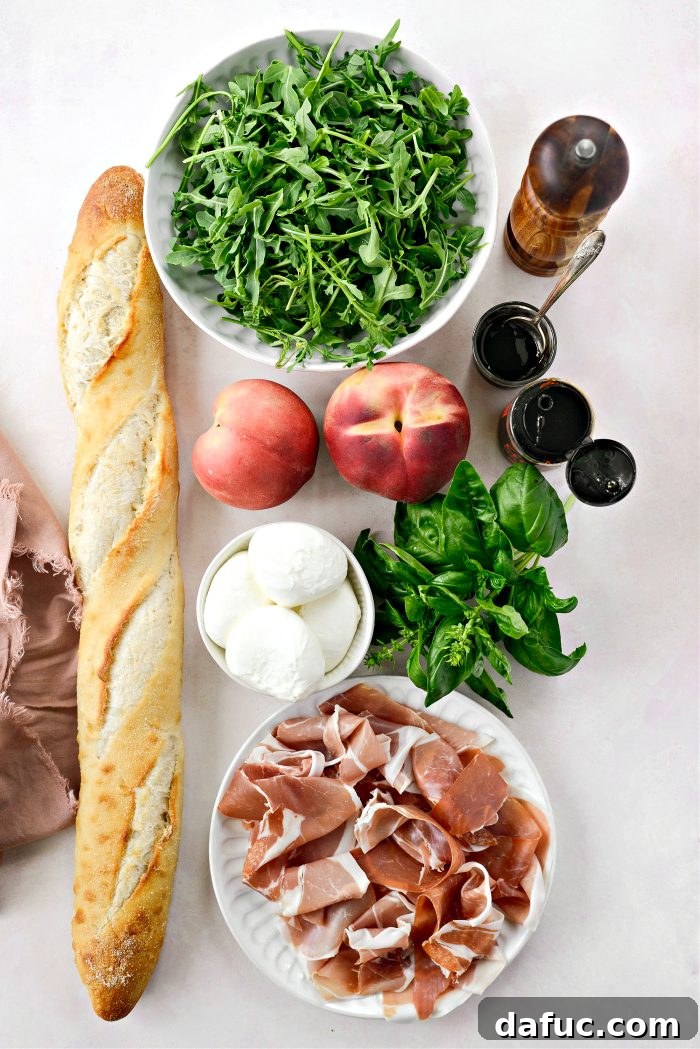 Ingredients laid out for Peach Prosciutto and Burrata Sandwich preparation