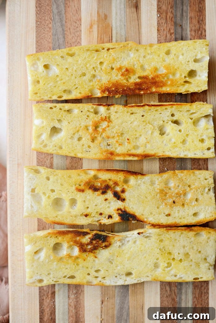 Perfectly toasted baguette slices ready for assembly