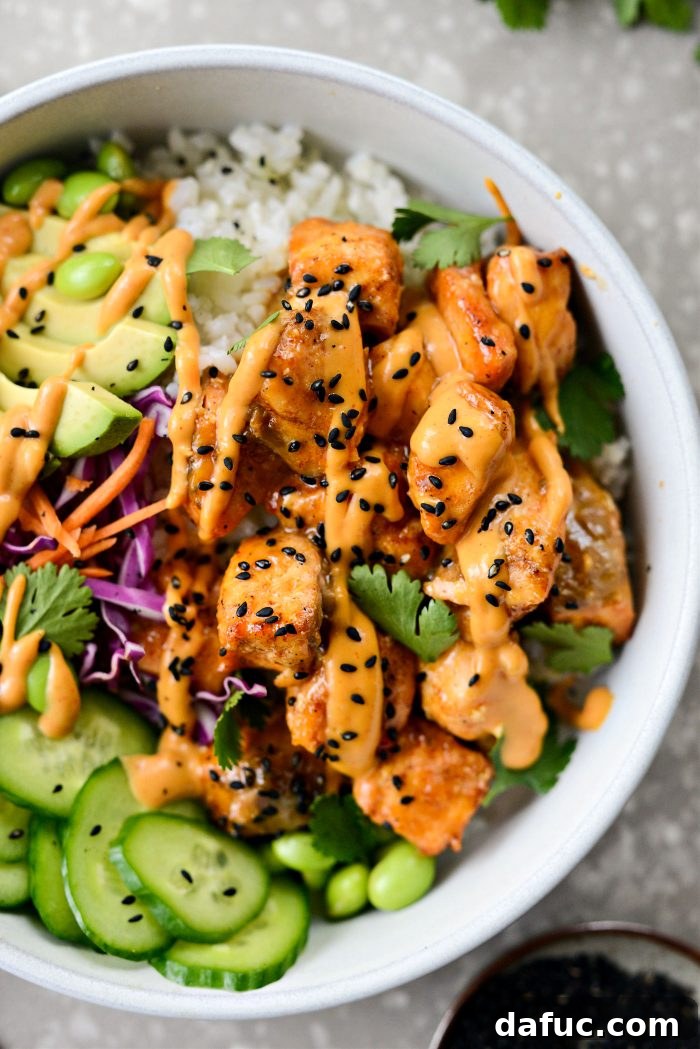 Dynamite Salmon Rice Bowls 15 Another beautiful shot of Bang Bang Salmon Bowls