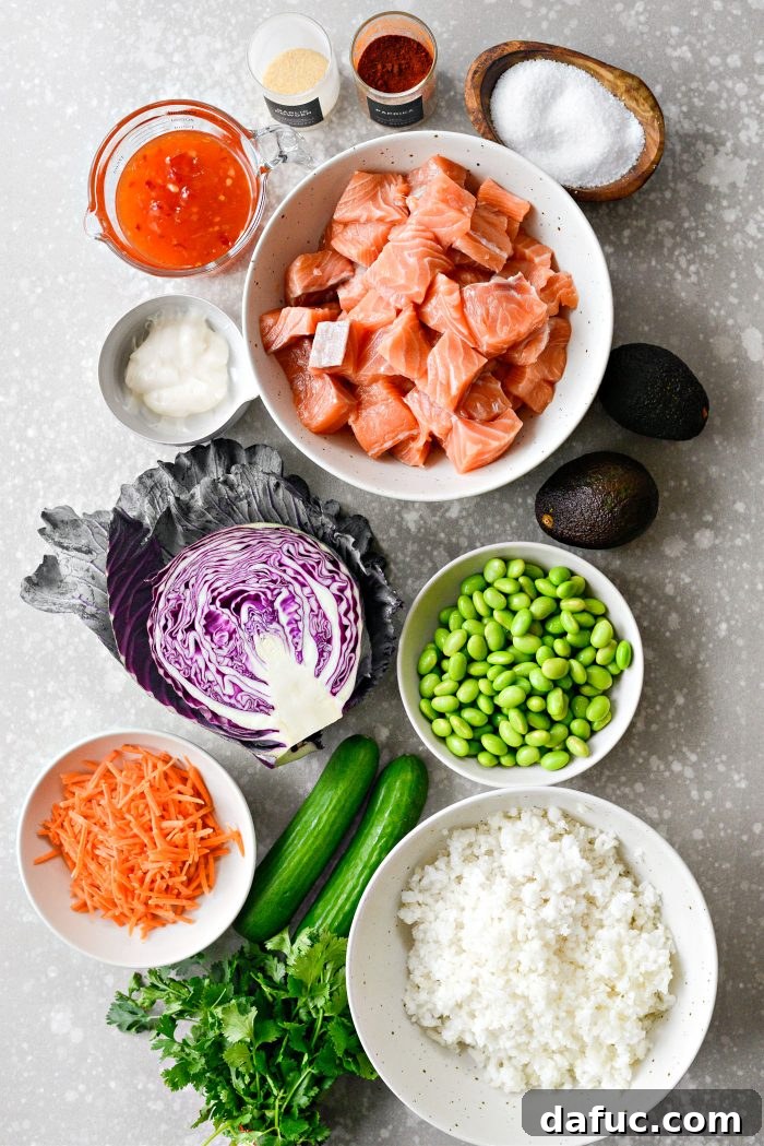 Dynamite Salmon Rice Bowls 4 Ingredients laid out for Bang Bang Salmon Bowls preparation