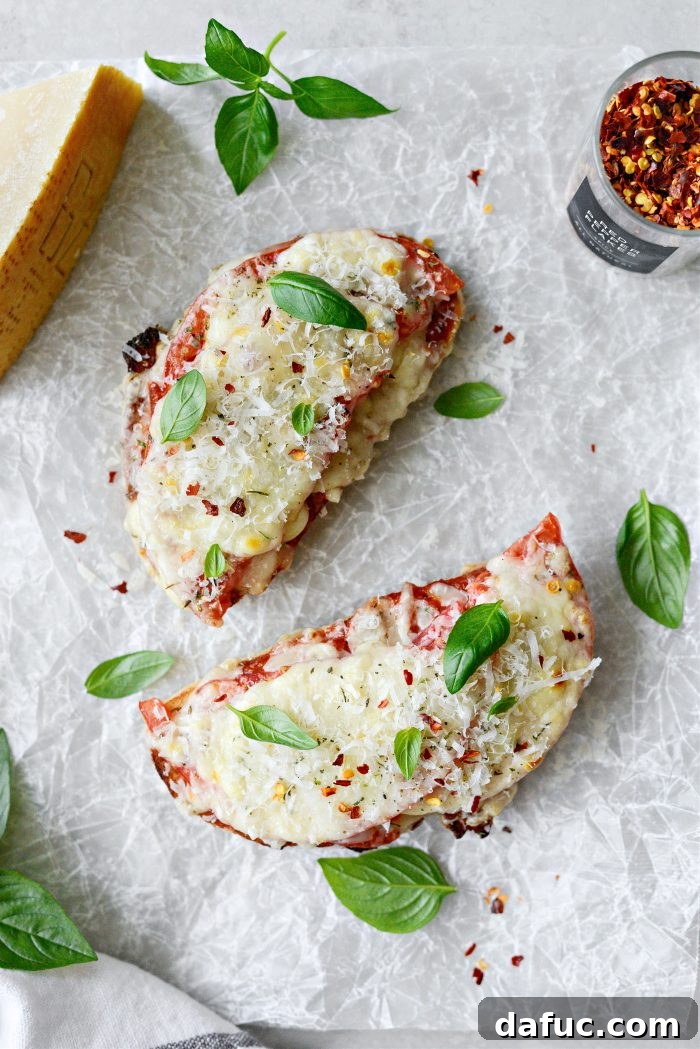 Margherita Toast Pizzas 11 Margherita Pizza Toast topped with fresh basil, ready to eat