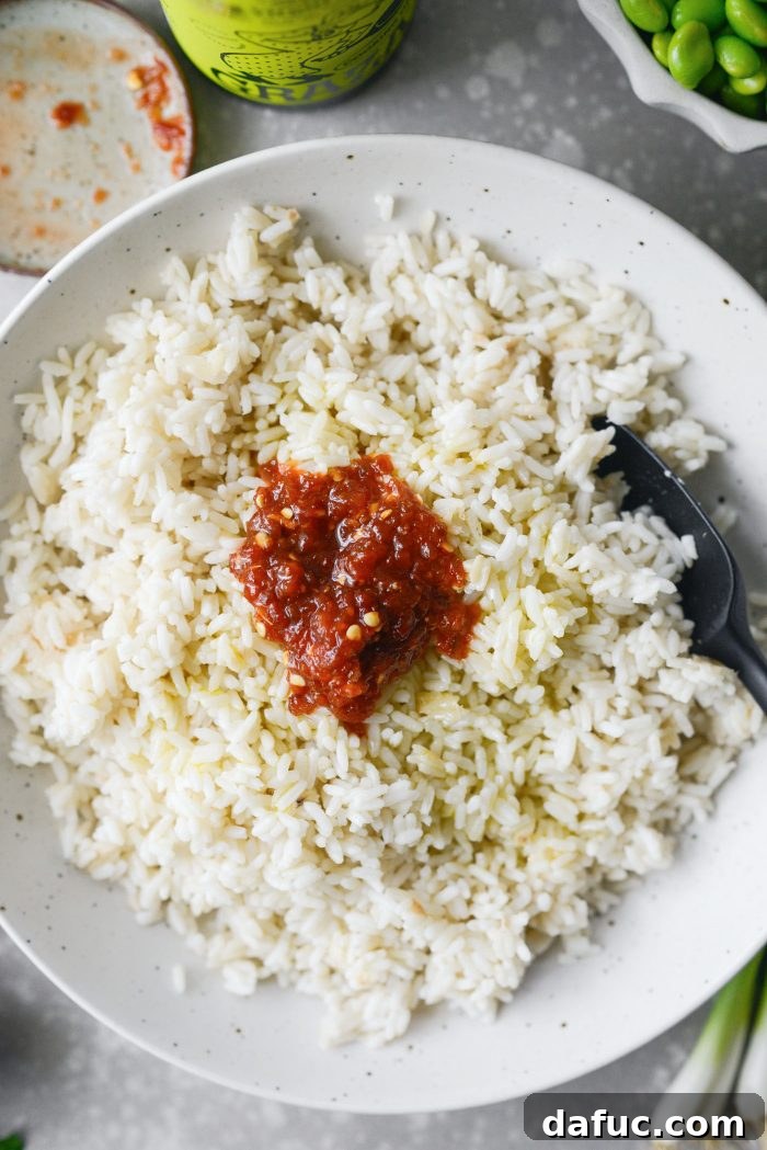 Zesty Crisped Rice Medley 7 Day-old rice, chili paste, and olive oil in a mixing bowl