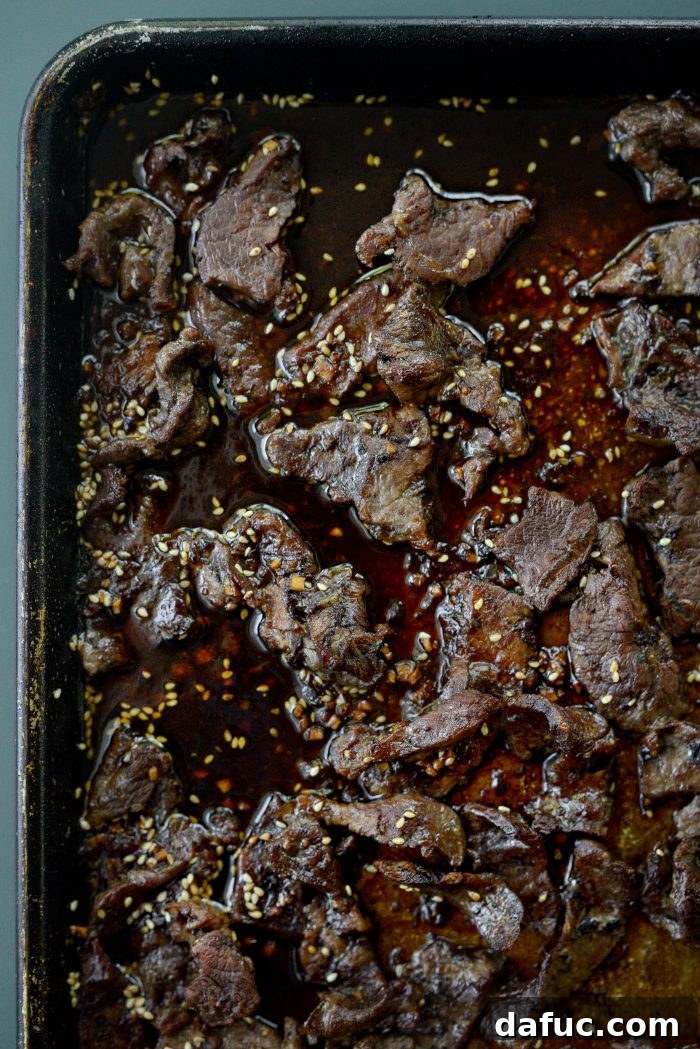 Sheet Pan Steak and Broccoli 13 Saucy sheet pan beef, ready for the final broiling step to achieve crispy edges