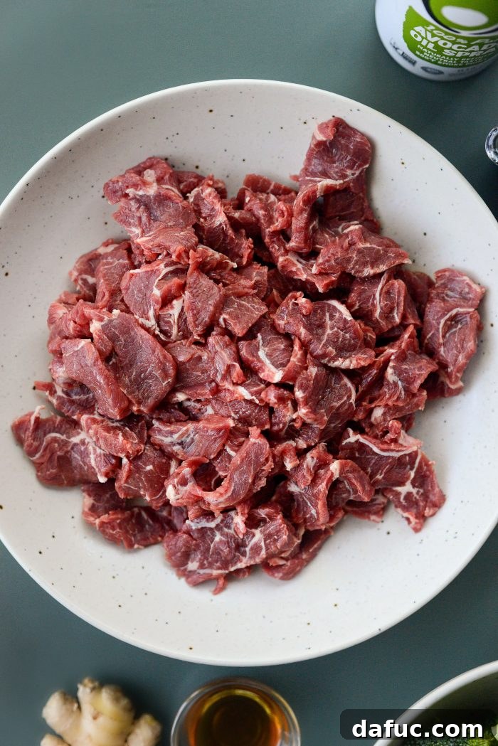 Sheet Pan Steak and Broccoli 5 Thinly sliced beef, ready to be seasoned and roasted for Sheet Pan Beef and Broccoli