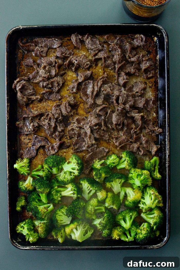 Sheet Pan Steak and Broccoli 10 Cooked beef and broccoli fresh out of the oven, before saucing
