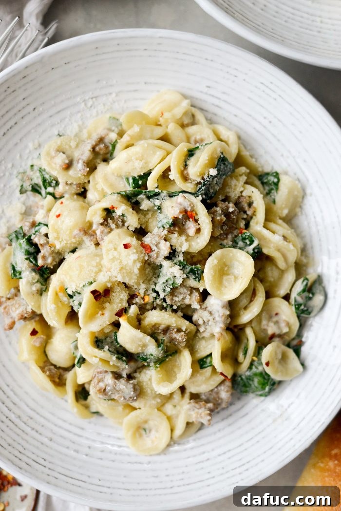 Parmesan Orecchiette with Sausage and Kale - Delicious Creamy Pasta Dish