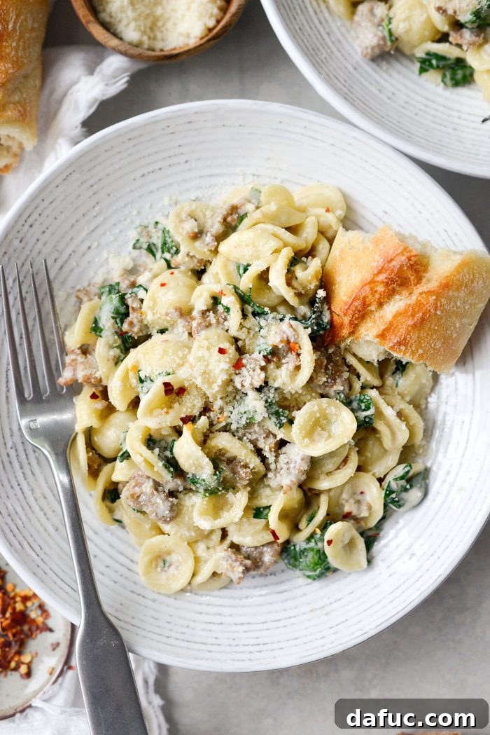 Another beautiful shot of Parmesan Orecchiette with Sausage and Kale