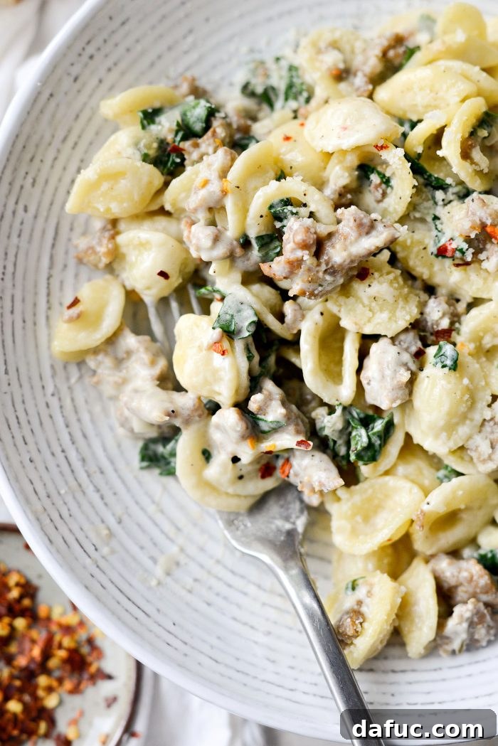 Another enticing photo of Parmesan Orecchiette with Sausage and Kale