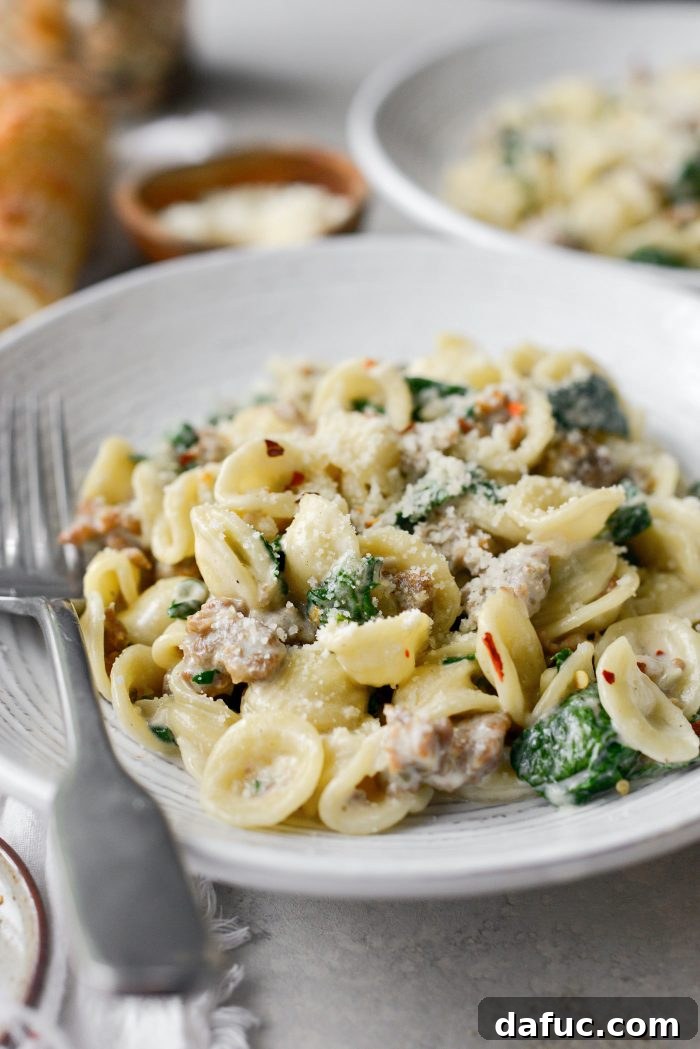 Close-up of Parmesan Orecchiette with Sausage and Kale in a bowl