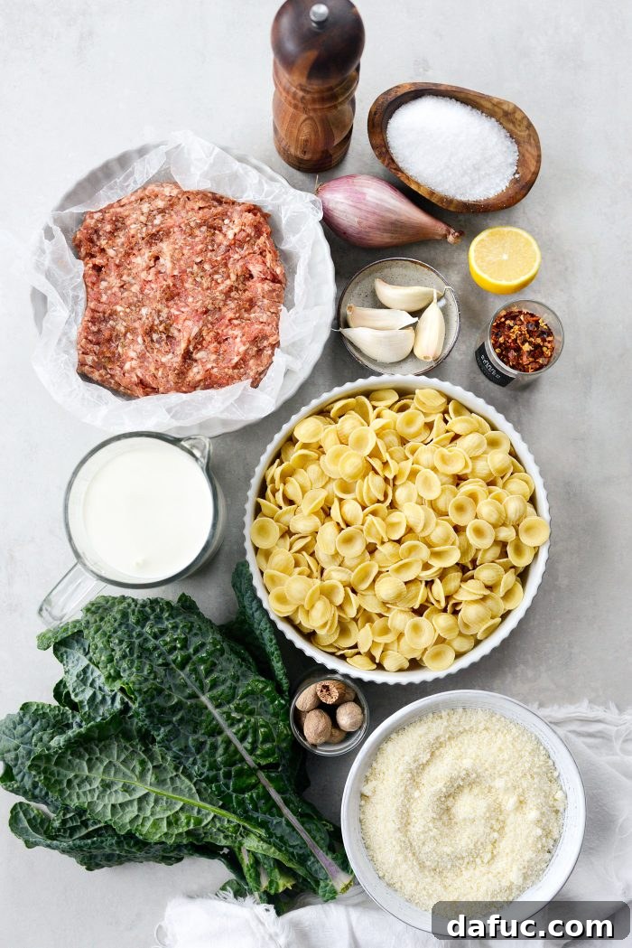 Ingredients for Parmesan Orecchiette with Sausage and Kale laid out