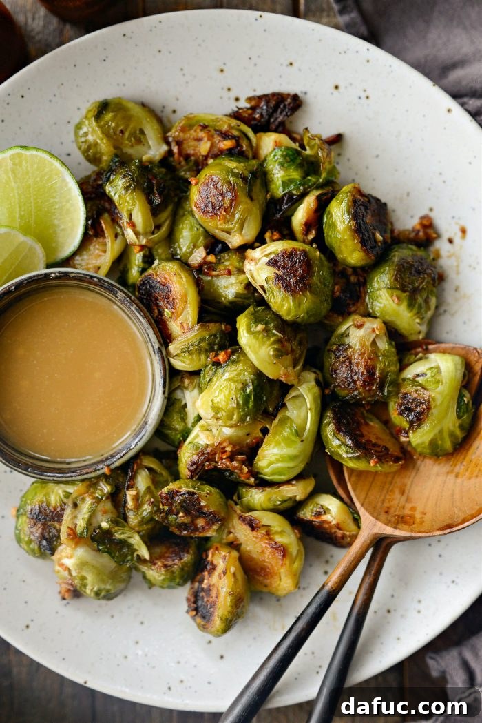 Perfectly roasted Miso Glazed Brussels Sprouts served in a skillet