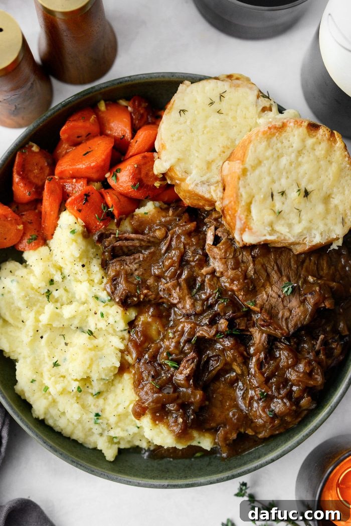 Sweet Onion Braised Beef 2 French Onion Pot Roast, a comforting slow-cooked beef dish with caramelized onions and Gruyere.