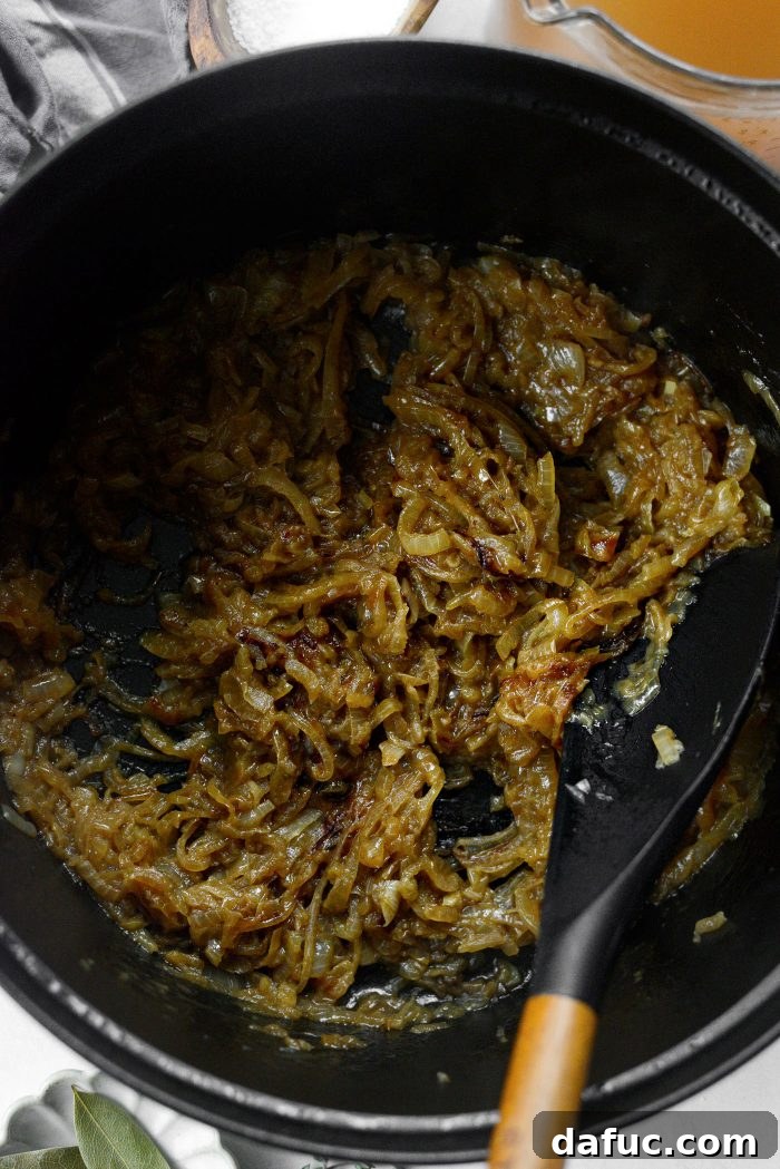 Sweet Onion Braised Beef 11 Beautifully caramelized onions in a Dutch oven, ready for deglazing.