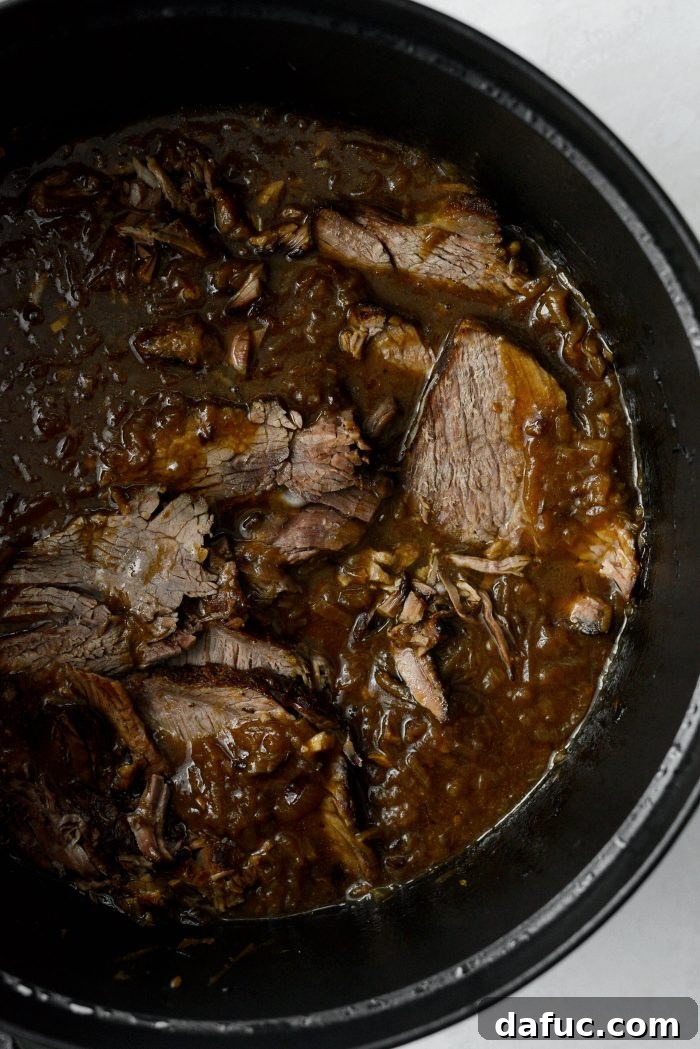 Sweet Onion Braised Beef 21 Adding sliced or shredded pot roast back into the rich French onion gravy.