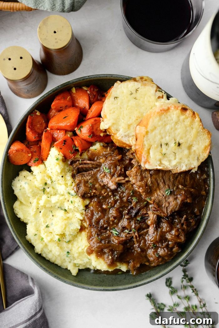 Sweet Onion Braised Beef 25 Plated French Onion Pot Roast with mashed potatoes and maple glazed carrots.