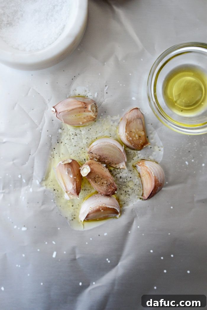 Savory Roasted Garlic Parmesan Dressing 4 garlic cloves, oil, salt and pepper