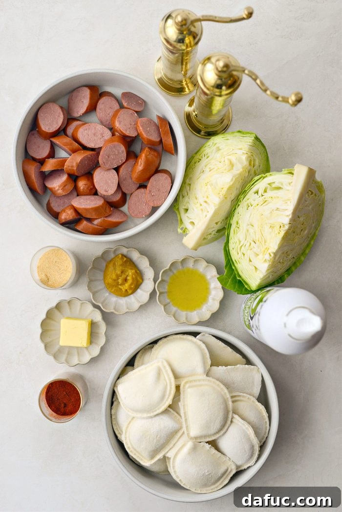 Ingredients laid out for Sheet Pan Pierogies and Kielbasa