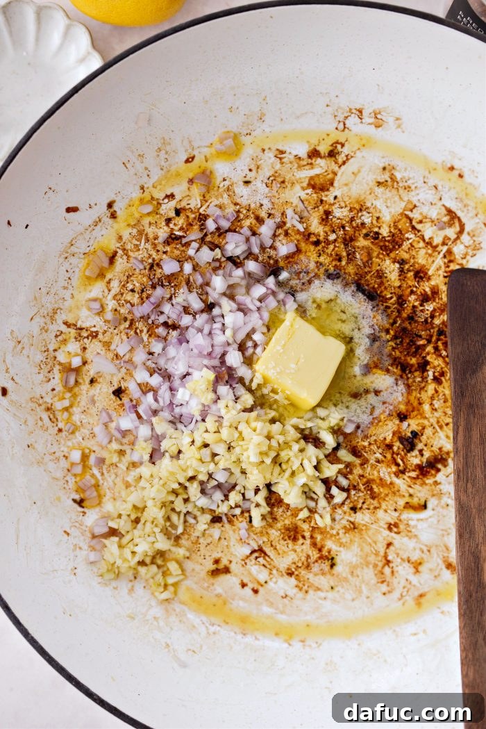 butter, shallot and garlic in pan