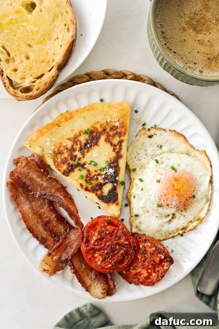 Irish Potato Griddle Cakes 22 A beautifully presented Irish breakfast featuring potato farls, fried eggs, bacon, and tomatoes.