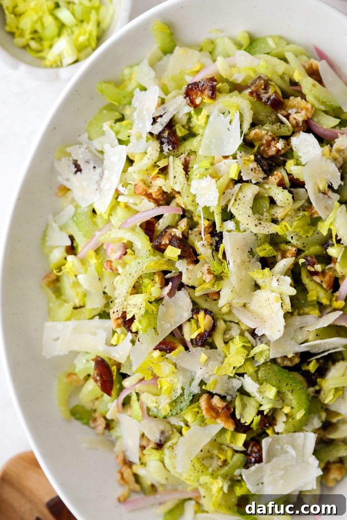 Celery, Date & Parmesan Delight 16 Close up view of the crunchy Celery Salad with sweet dates and savory parmesan
