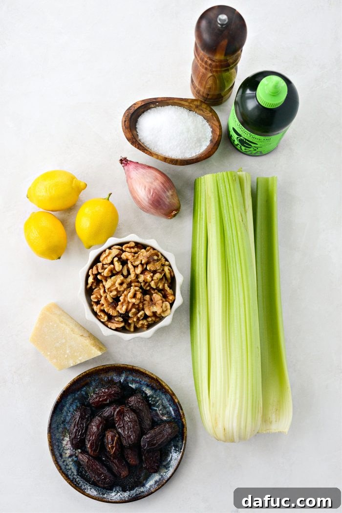 Celery, Date & Parmesan Delight 4 Fresh ingredients laid out for making a Celery Salad
