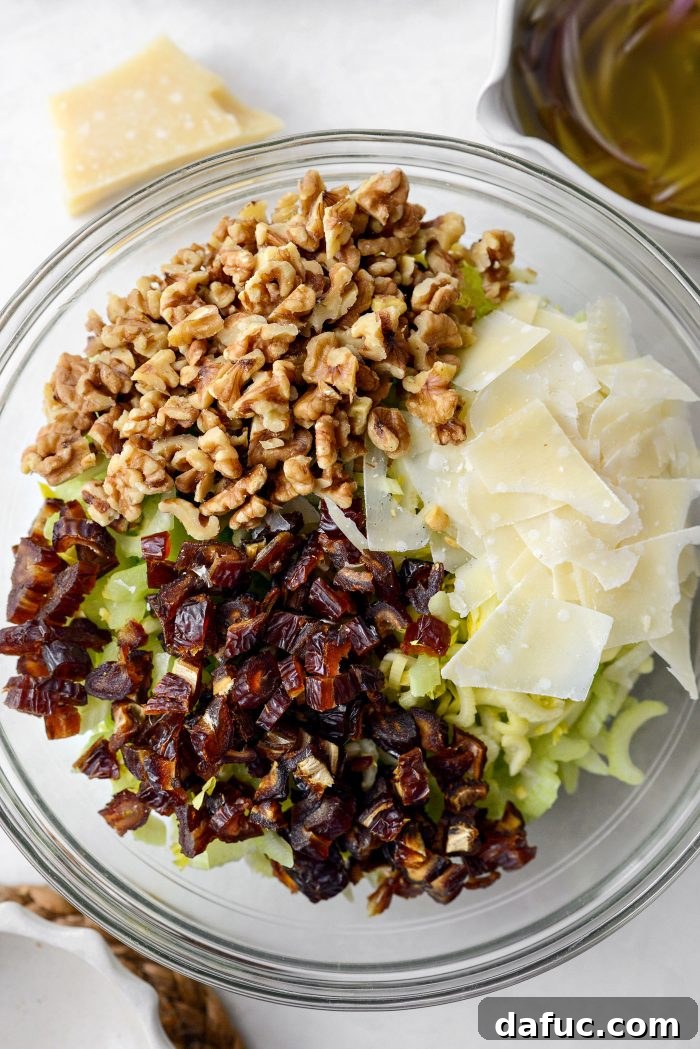 Celery, Date & Parmesan Delight 9 Adding toasted walnuts, dates, and parmesan cheese to the sliced celery