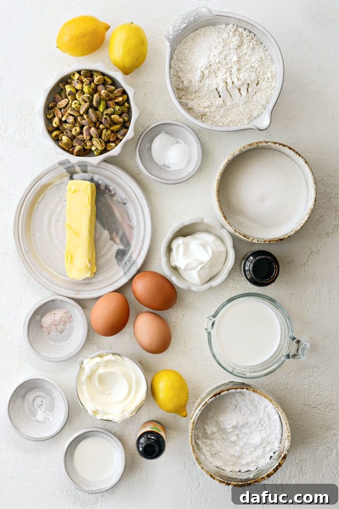 Zesty Pistachio Cloud Cake 4 Ingredients for Lemon Pistachio Cake laid out