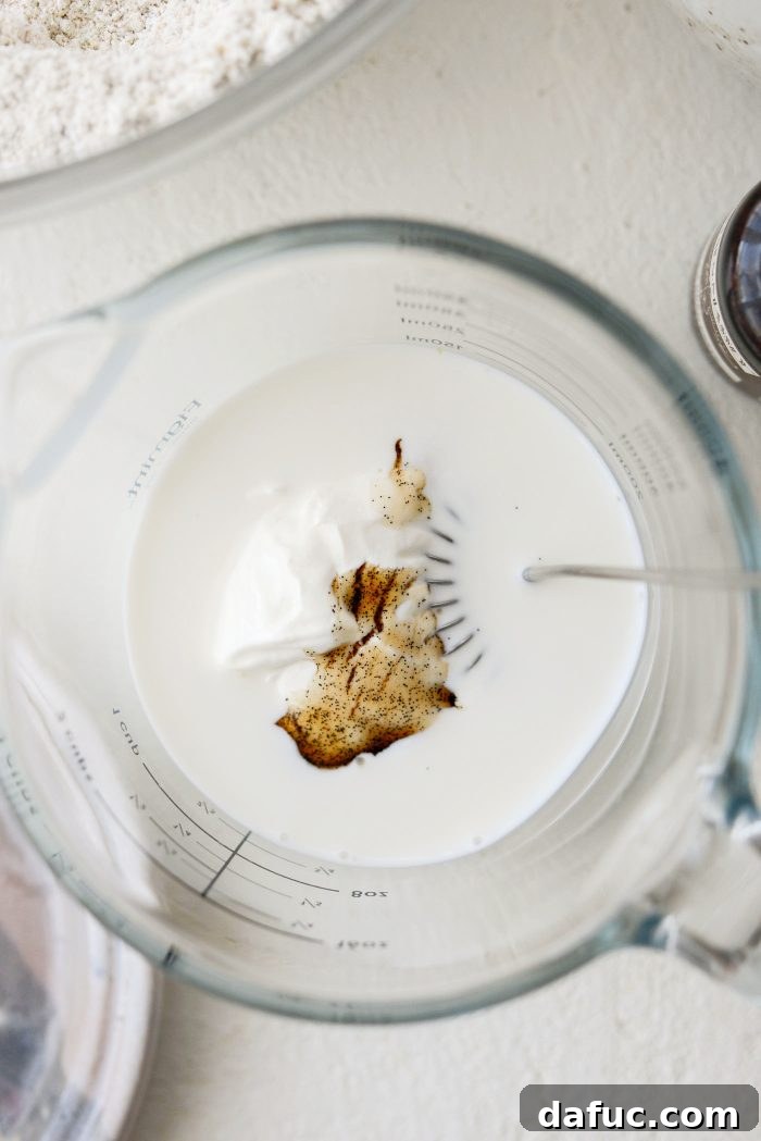 Zesty Pistachio Cloud Cake 10 Milk, sour cream, and vanilla in a liquid measuring cup