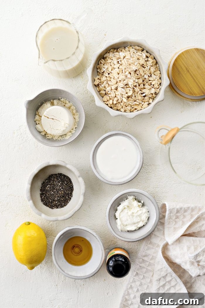 Ingredients for Lemon Cheesecake Overnight Oats laid out on a table