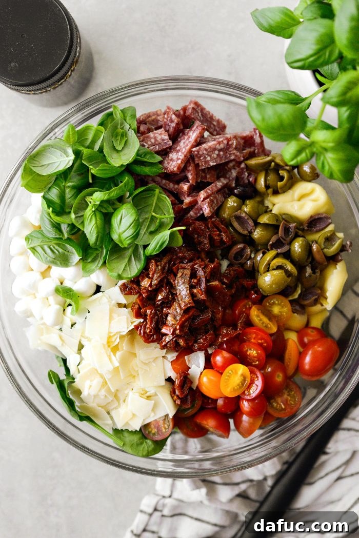 Rustic Tuscan Tortellini Salad 11 Adding salami, olives, tomatoes, sun-dried tomatoes, Tuscan cheese blend, mozzarella, and basil to the bowl