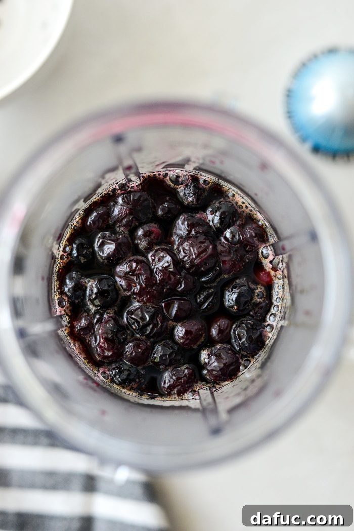 Cooled blueberry mixture ready for blending