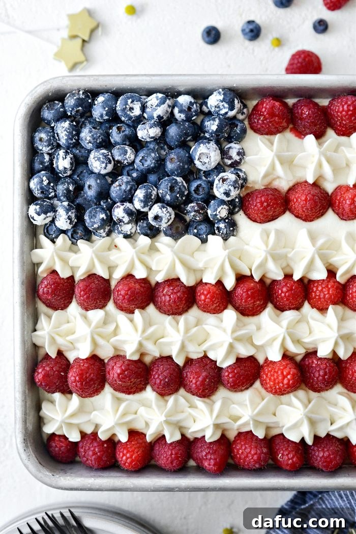 Close-up of the finished American Flag Cake