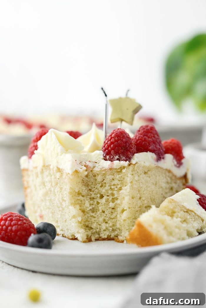 American Flag Cake decorated with berries, close up