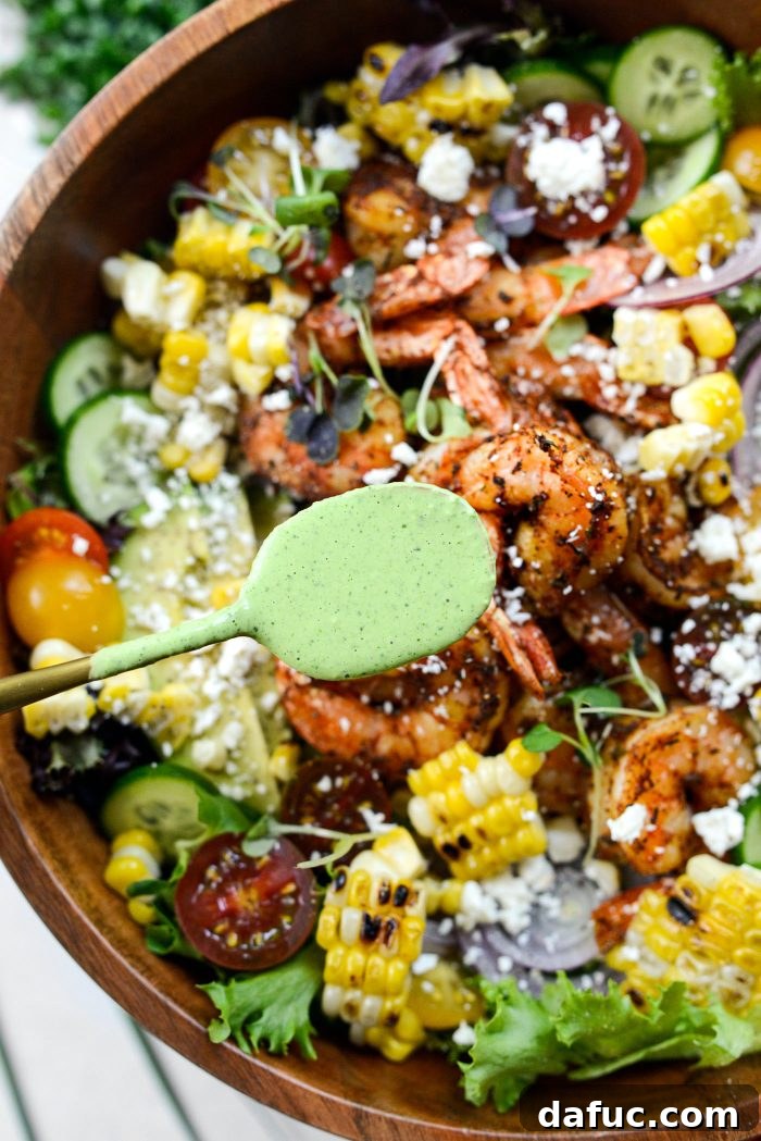 Spiced Blackened Shrimp Summer Salad with Sweet Corn and Feta 16 Drizzling green goddess dressing over the assembled salad