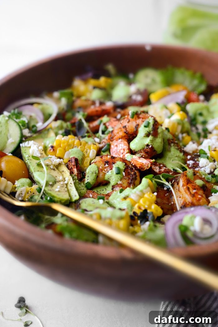 Spiced Blackened Shrimp Summer Salad with Sweet Corn and Feta 17 Blackened Shrimp Salad garnished with fresh chives