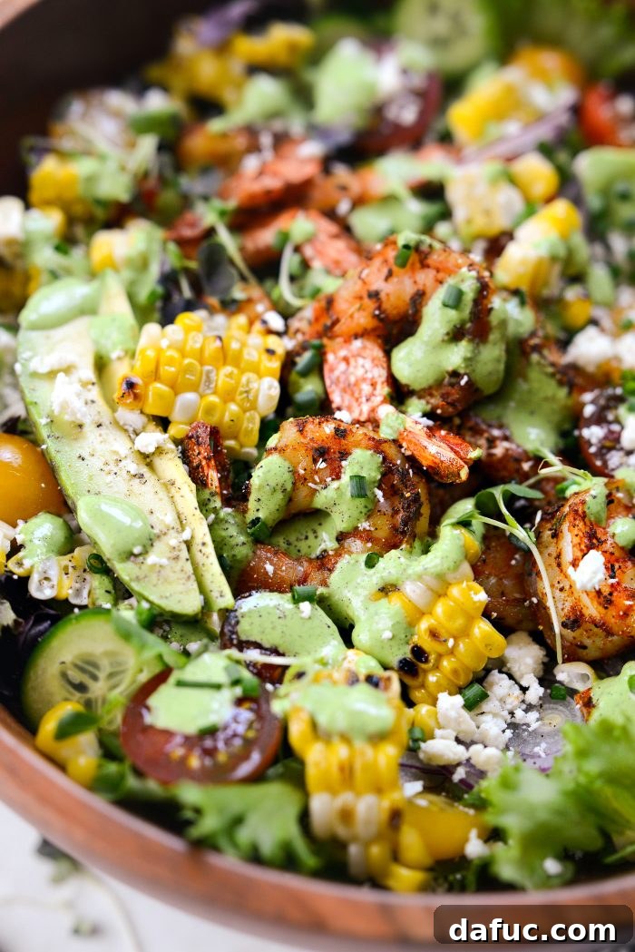 Spiced Blackened Shrimp Summer Salad with Sweet Corn and Feta 18 Artfully presented Blackened Shrimp Salad ready to be eaten