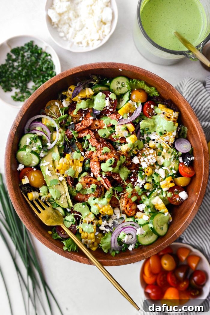 Spiced Blackened Shrimp Summer Salad with Sweet Corn and Feta 3 Close-up of Blackened Shrimp Salad with fresh ingredients