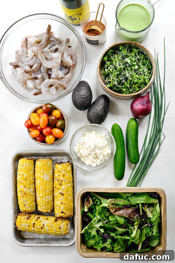 Spiced Blackened Shrimp Summer Salad with Sweet Corn and Feta 4 Fresh ingredients for Blackened Shrimp Salad laid out