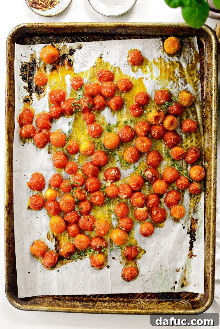 Sweet Blistered Tomatoes, Creamy Burrata, Crispy Pancetta 14 Perfectly blistered roasted cherry tomatoes on a baking sheet after roasting.