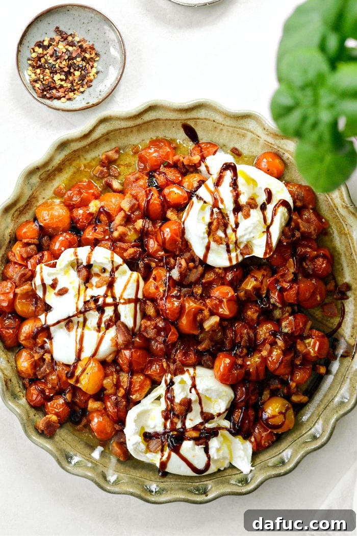 Sweet Blistered Tomatoes, Creamy Burrata, Crispy Pancetta 15 Assembling the appetizer: blistered tomatoes, burrata, and pancetta on a platter, drizzled with olive oil and balsamic glaze.