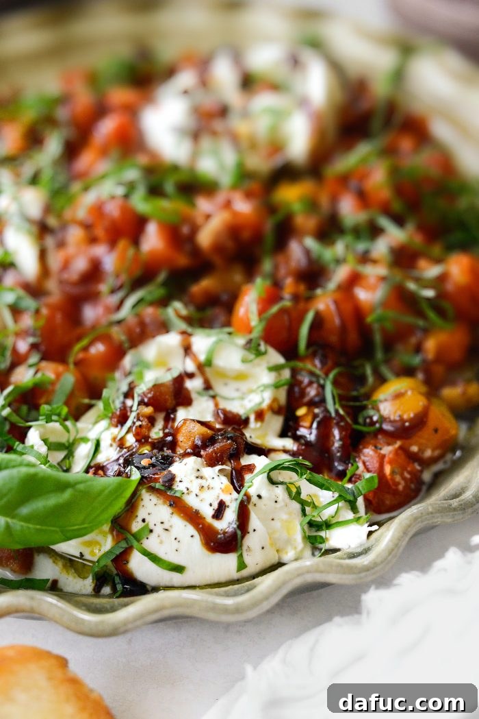Sweet Blistered Tomatoes, Creamy Burrata, Crispy Pancetta 18 A closer view of the prepared Blistered Tomatoes with Burrata and Pancetta.