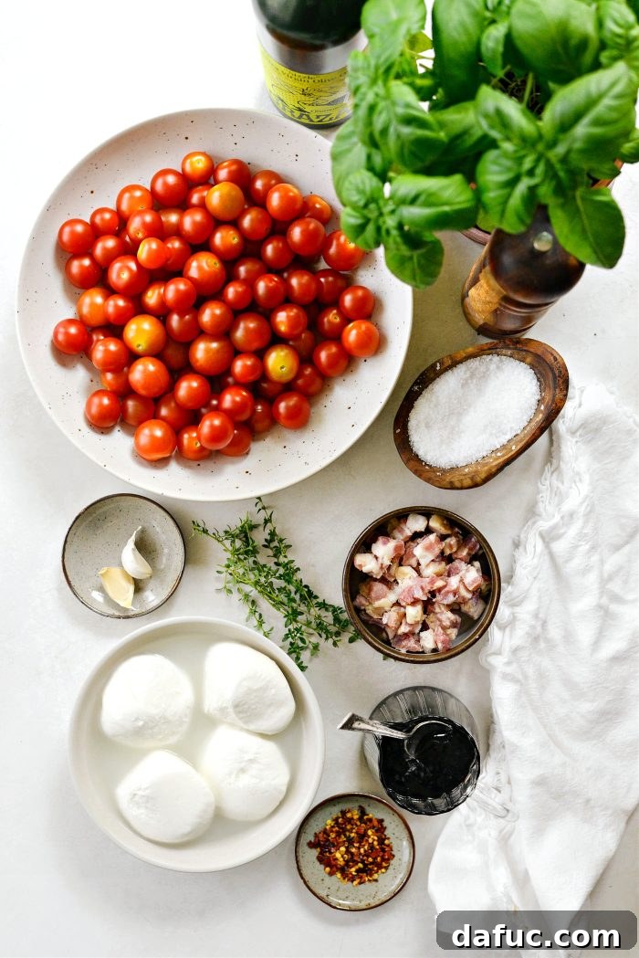 Sweet Blistered Tomatoes, Creamy Burrata, Crispy Pancetta 4 Ingredients for Blistered Tomatoes with Burrata and Pancetta, laid out on a table.