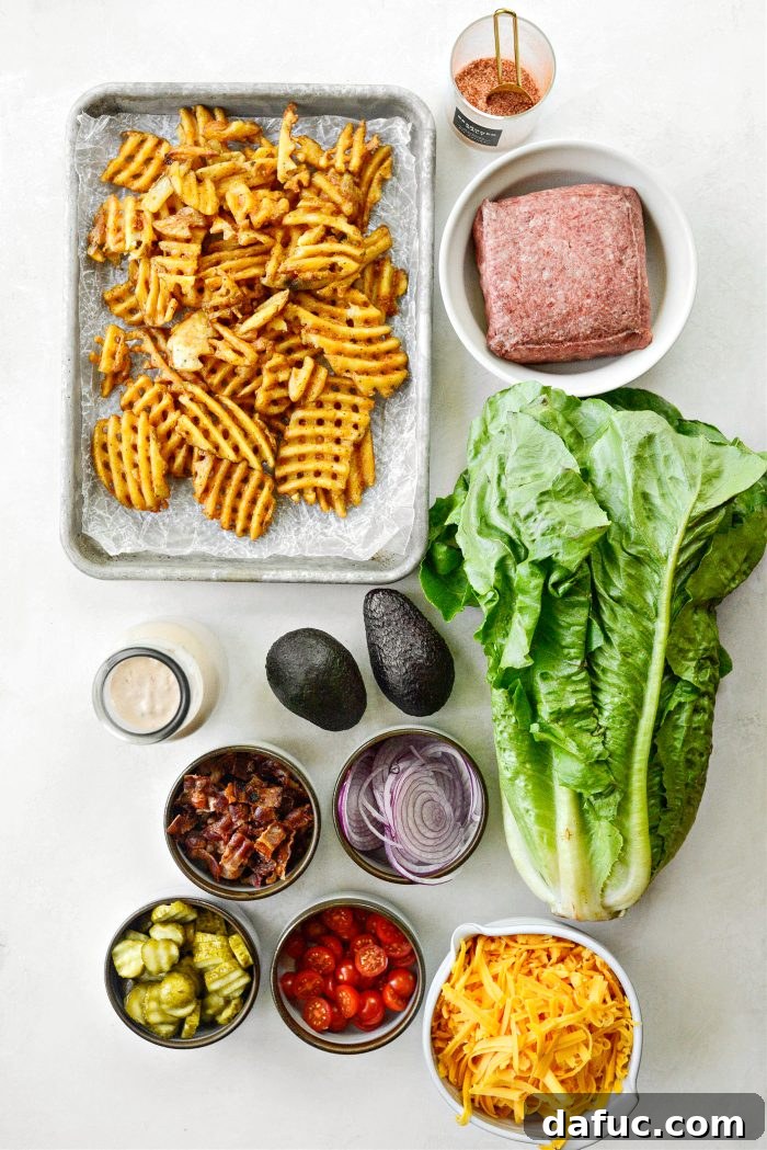 Ultimate Burger Bowl Creations 4 Ingredients for Loaded Burger Bowls laid out on a table