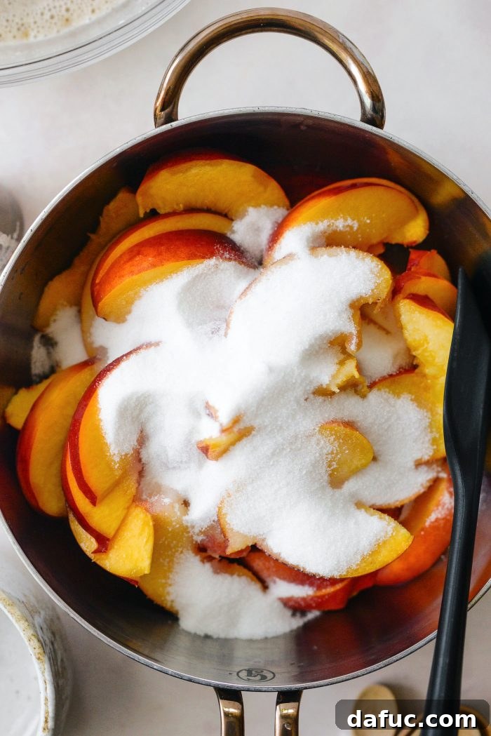 add slice peaches, lemon juice and sugar to a sauce pan
