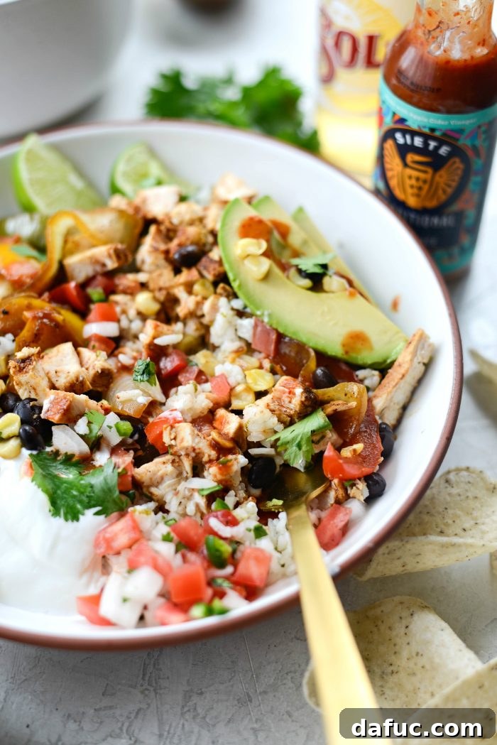 Smoky Chipotle Chicken Fajita Bowl 17 Overhead shot of two Chipotle Chicken Fajita Rice Bowls